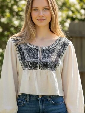 Free People Cream Peasant Blouse with Black Embroidery